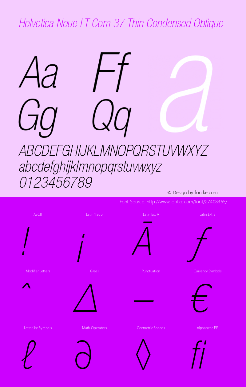 Helvetica Neue LT Com 37 Thin Condensed Oblique Version 2.30 Font Sample