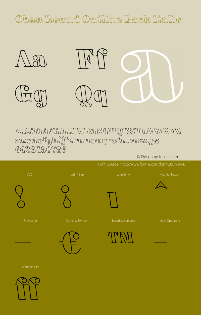 Oban-RoundOutlineBackItalic Version 1.00 2011 Font Sample