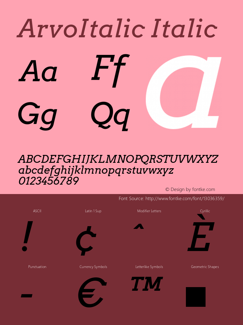 ArvoItalic Italic Version 2.001 2013 beta release Font Sample
