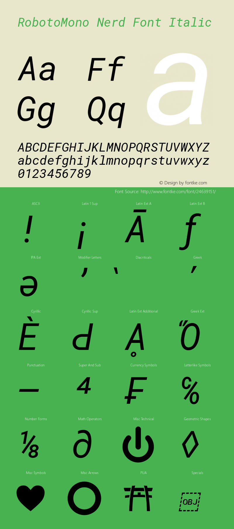 Roboto Mono Italic Nerd Font Complete Version 2.000986; 2015; ttfautohint (v1.3) Font Sample