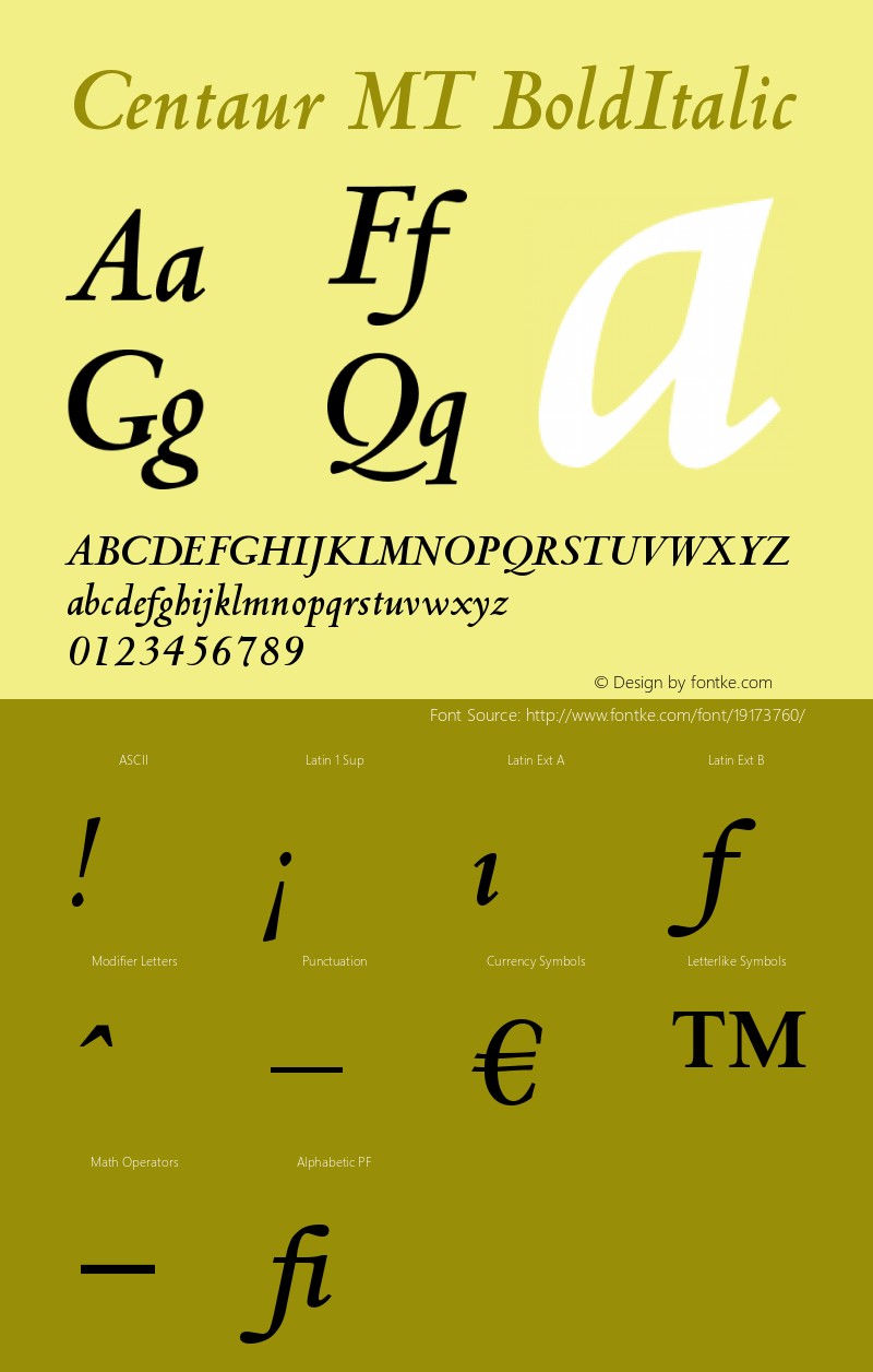 Centaur MT Bold Italic Version 001.001 Font Sample