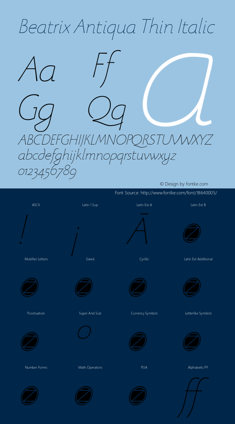 Beatrix Antiqua Thin Italic Version 1.008 Font Sample