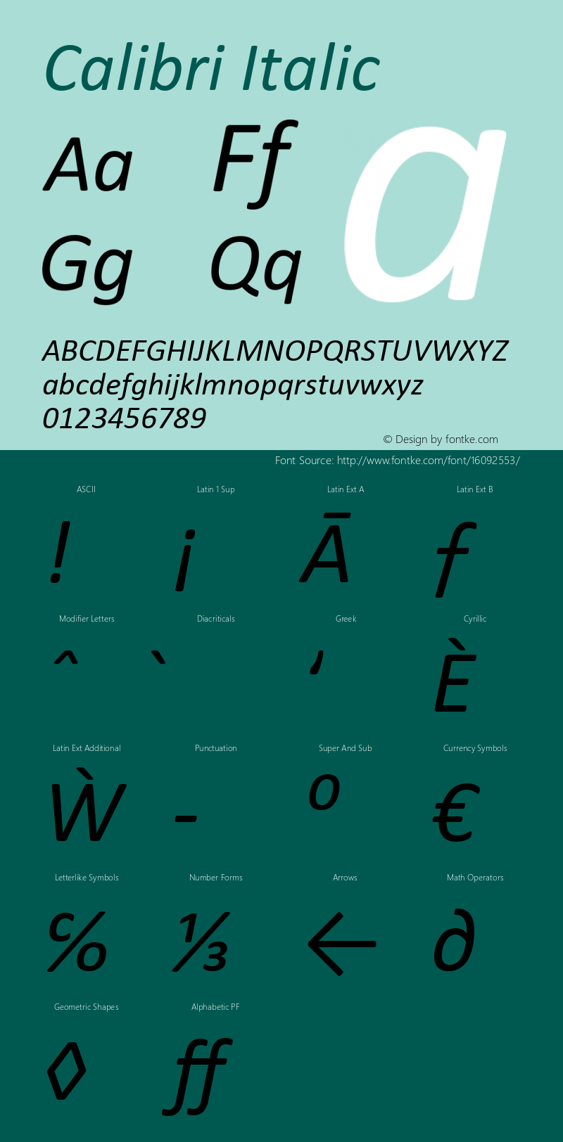 Calibri Italic Version 1.00 Font Sample