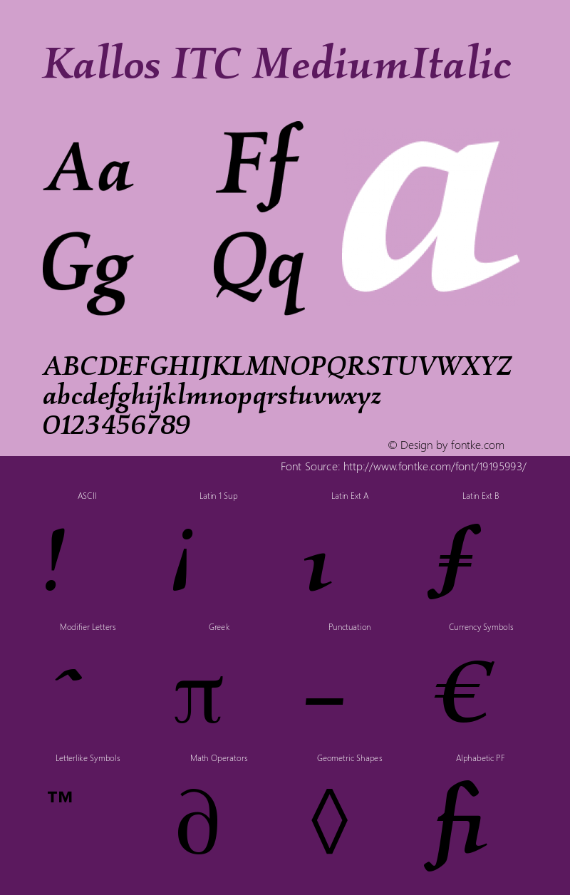 Kallos ITC Medium Italic Version 005.000 Font Sample