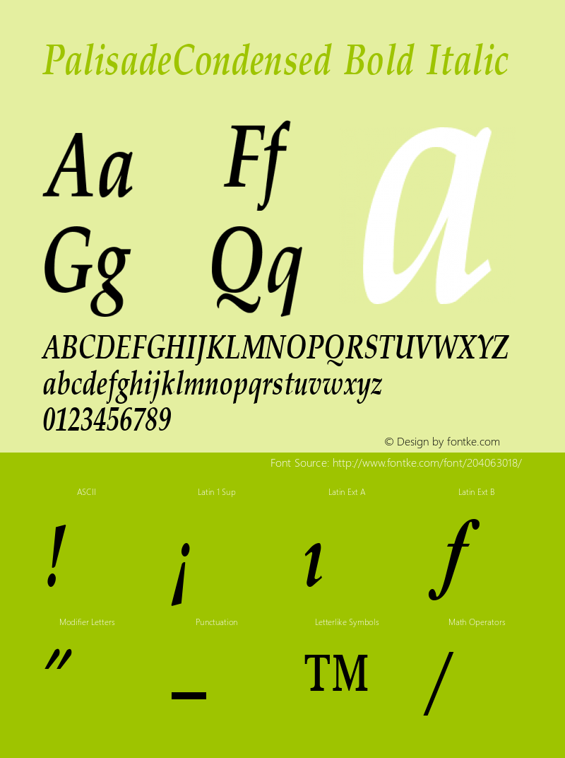 PalisadeCondensed Bold Italic Altsys Fontographer 3.5  7/16/96图片样张