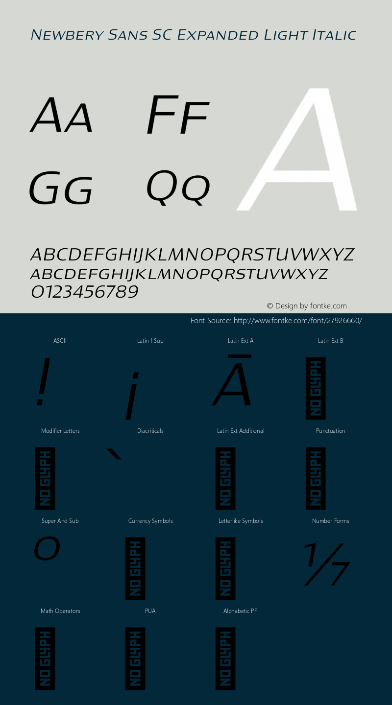 Newbery Sans SC Expanded Light Italic Version 1.000 Font Sample