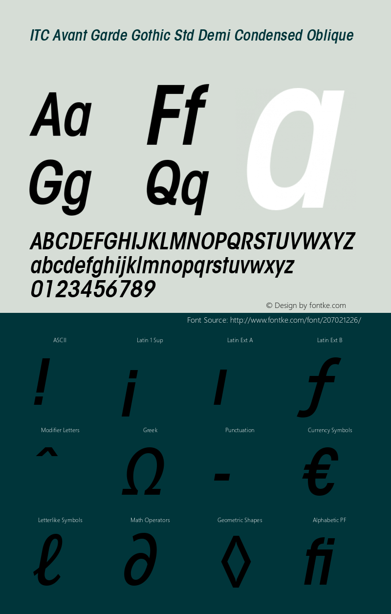 ITC Avant Garde Gothic Std Demi Condensed Oblique Version 1.00 Build 1000图片样张