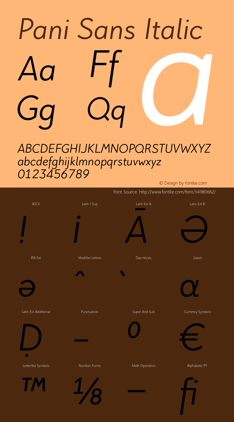 Pani Sans Regular Italic Version 1.000;hotconv 1.0.109;makeotfexe 2.5.65596 Font Sample