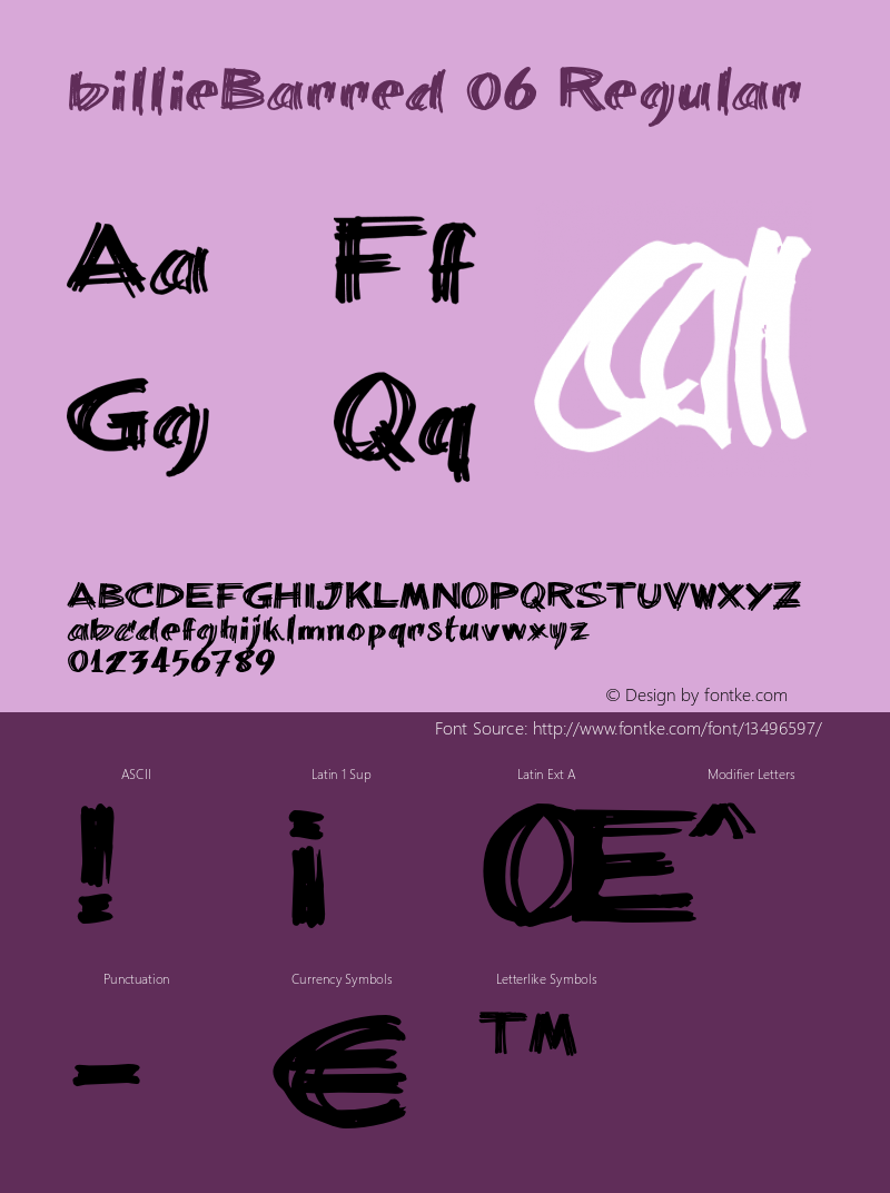 billieBarred 06 Regular Macromedia Fontographer 4.1 6-1-01 Font Sample