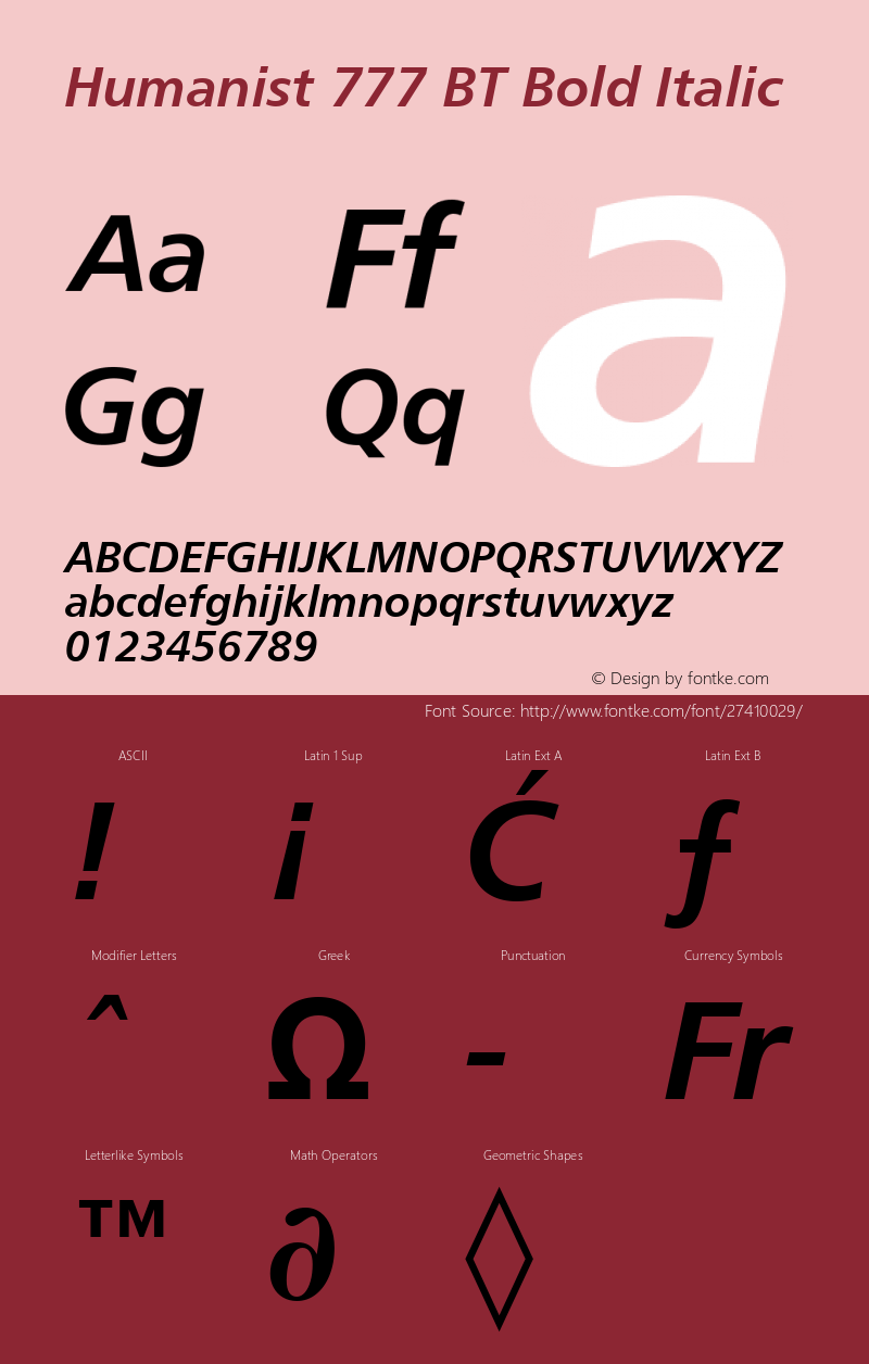 Humanist 777 BT Bold Italic Version 1.02 Font Sample