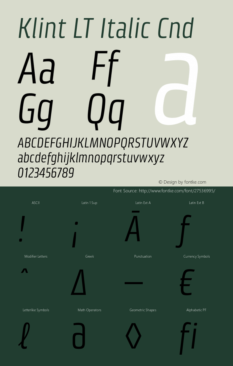 KlintLT-ItalicCnd Version 1.001 Font Sample