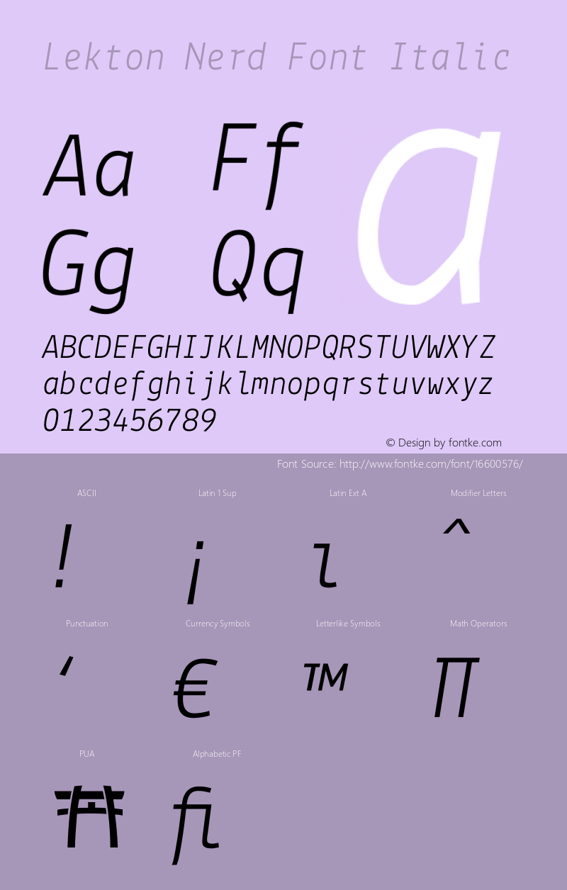 Lekton Nerd Font Italic Version 3.000 Font Sample