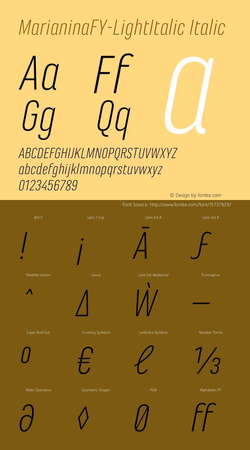 MarianinaFY-LightItalic Italic Version 1.000 Font Sample