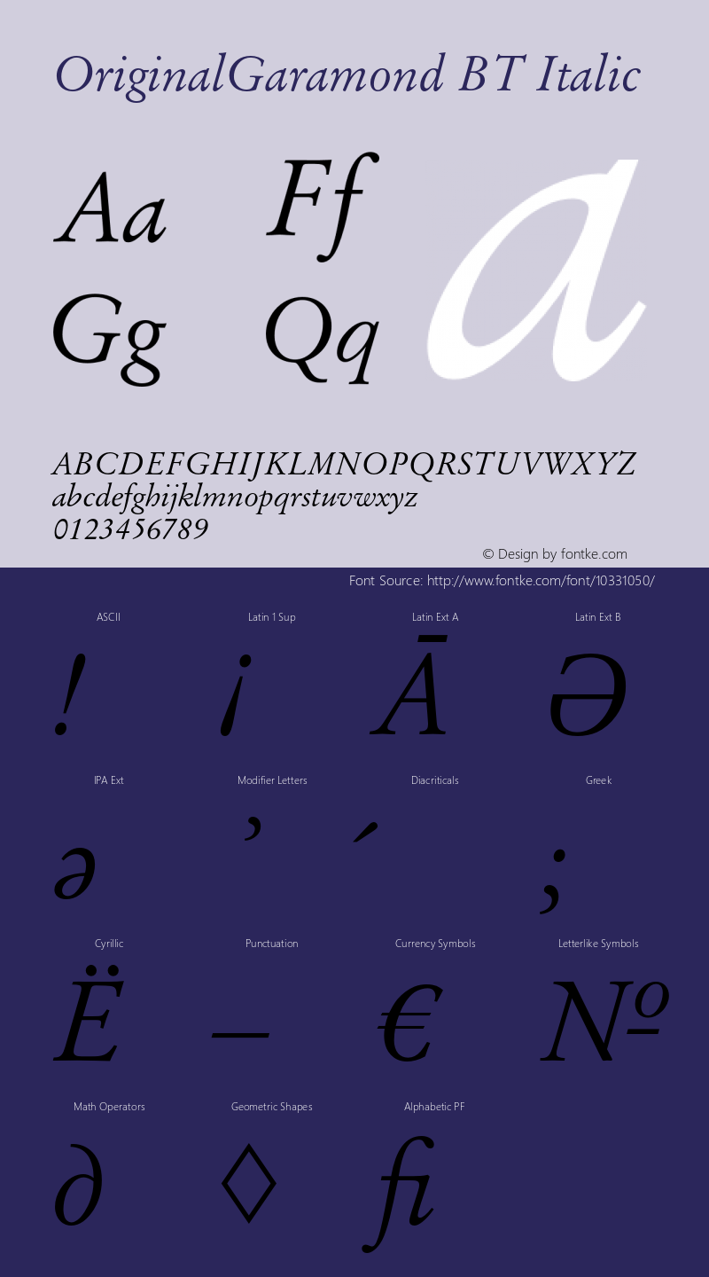 OriginalGaramond BT Italic Version 1.000 2006 initial release Font Sample