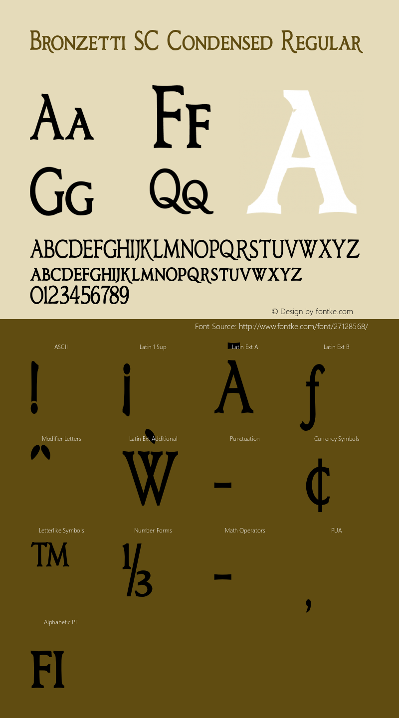 Bronzetti-SCCondensedRegular Version 1.000 2011 initial release Font Sample