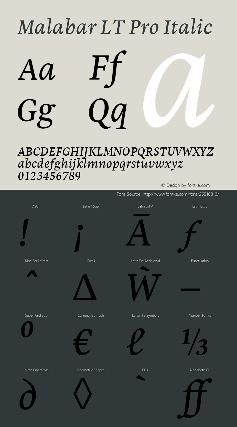 Malabar LT Pro Italic Version 3.00 Font Sample