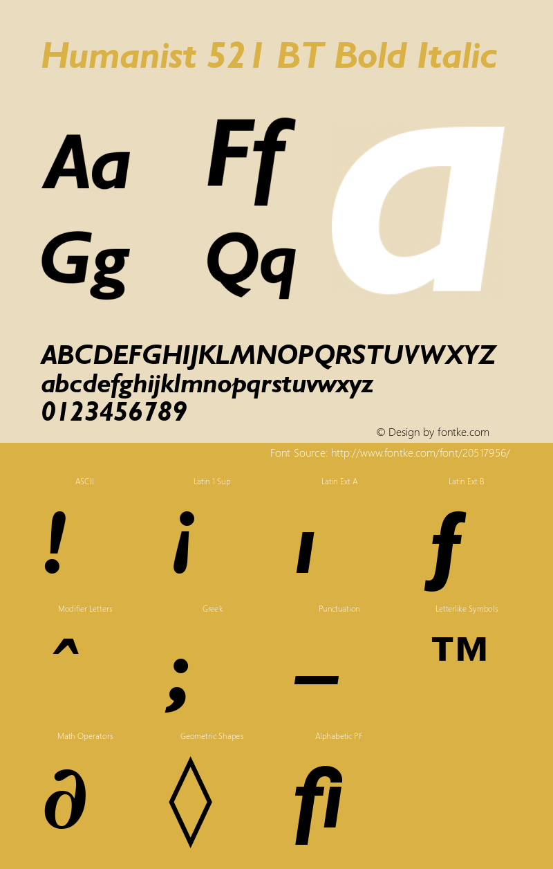 Humanist 521 Bold Italic BT spoyal2tt v4.6 Font Sample