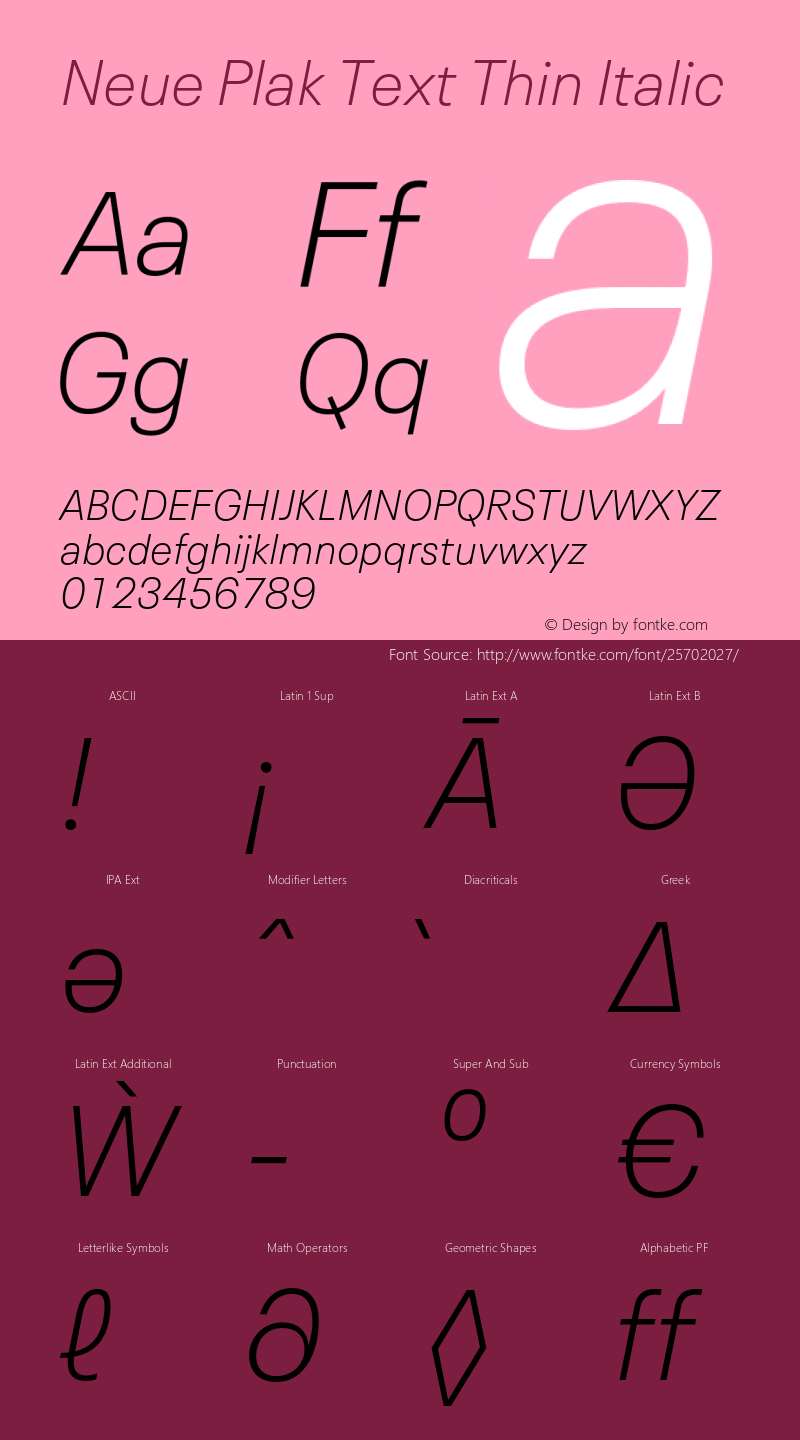 Neue Plak Text Thin Italic Version 1.00, build 10, s3 Font Sample