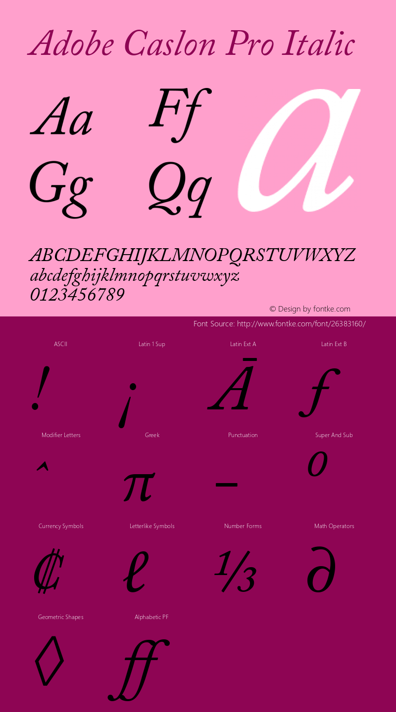 ACaslonPro-Italic Version 2.096;PS 2.000;hotconv 1.0.70;makeotf.lib2.5.58329 Font Sample