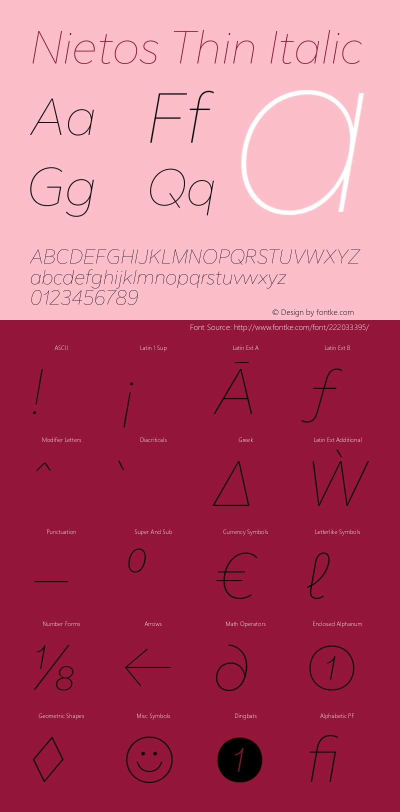Nietos Thin Italic Version 1.000;hotconv 1.0.109;makeotfexe 2.5.65596图片样张