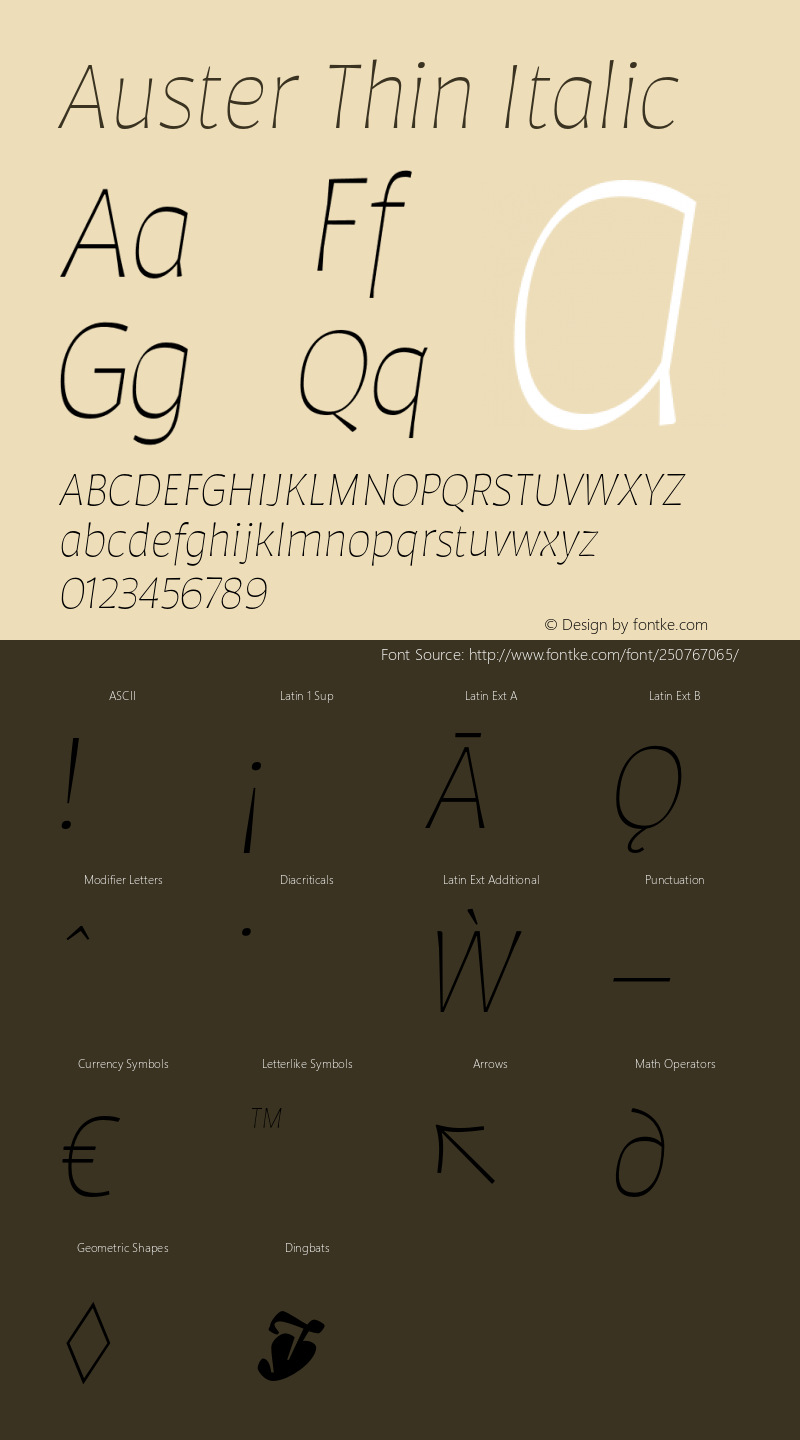 Auster Thin Italic Version 1.000;PS 001.000;hotconv 1.0.88;makeotf.lib2.5.64775图片样张