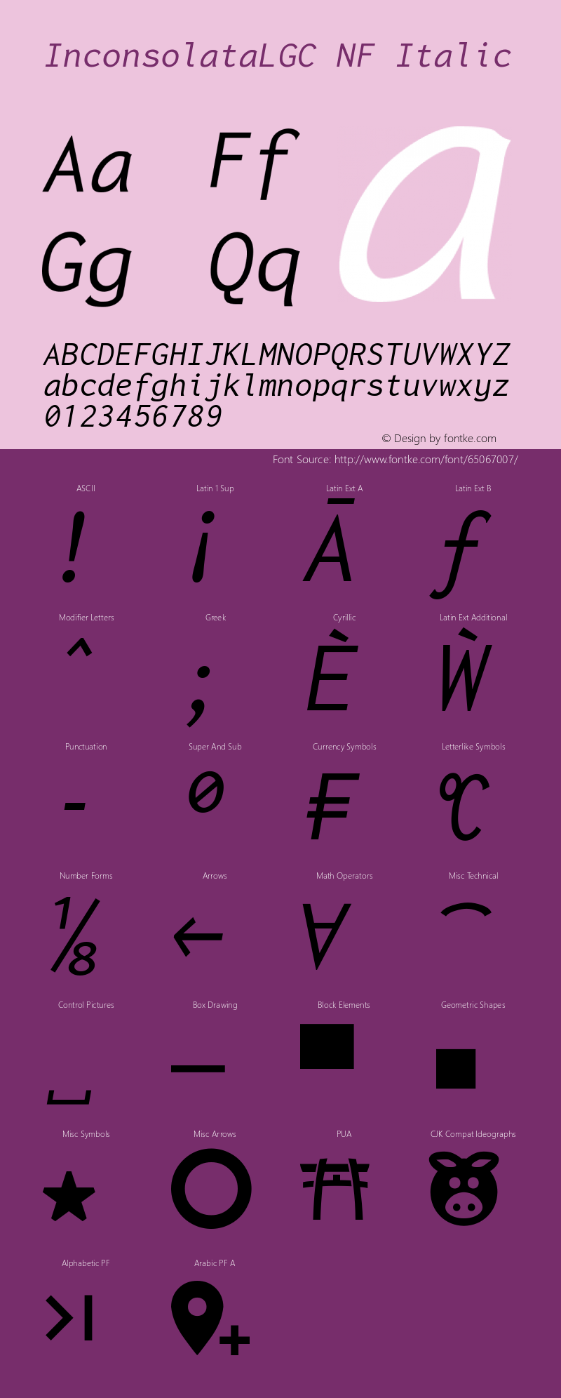 Inconsolata LGC Italic Nerd Font Complete Windows Compatible Version 1.3;Nerd Fonts 2.1.0 Font Sample
