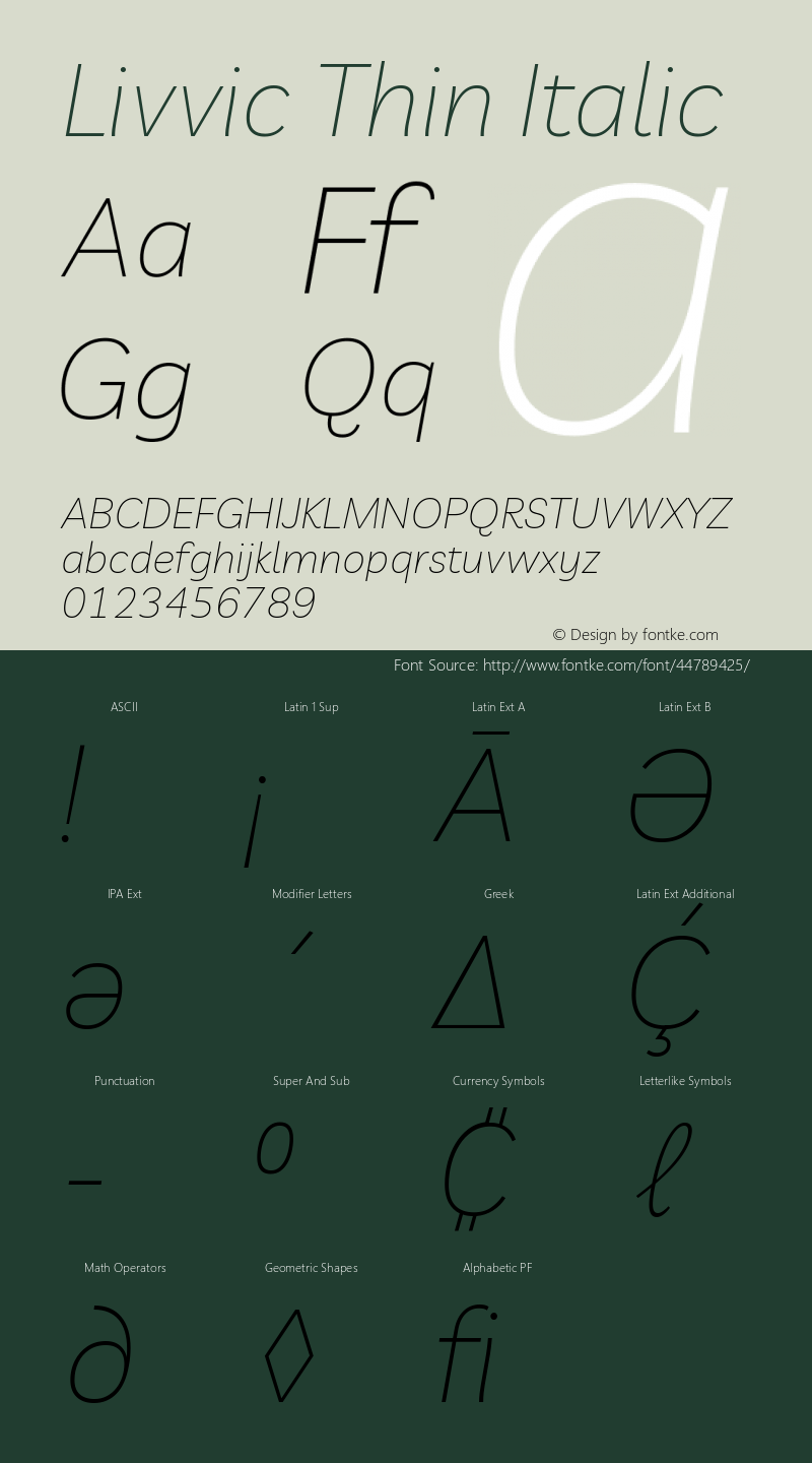 Livvic Thin Italic Version 1.001; ttfautohint (v1.8.2) Font Sample