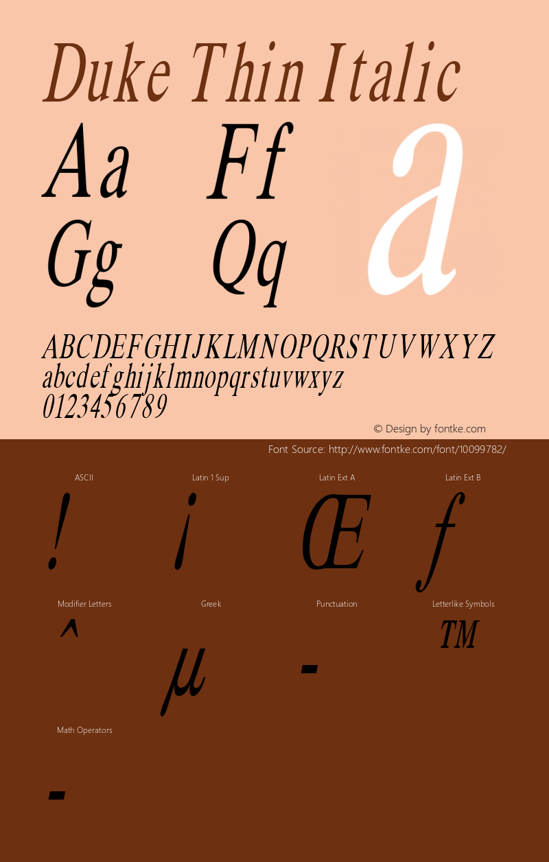 Duke Thin Italic Altsys Fontographer 4.1 1/31/95 Font Sample