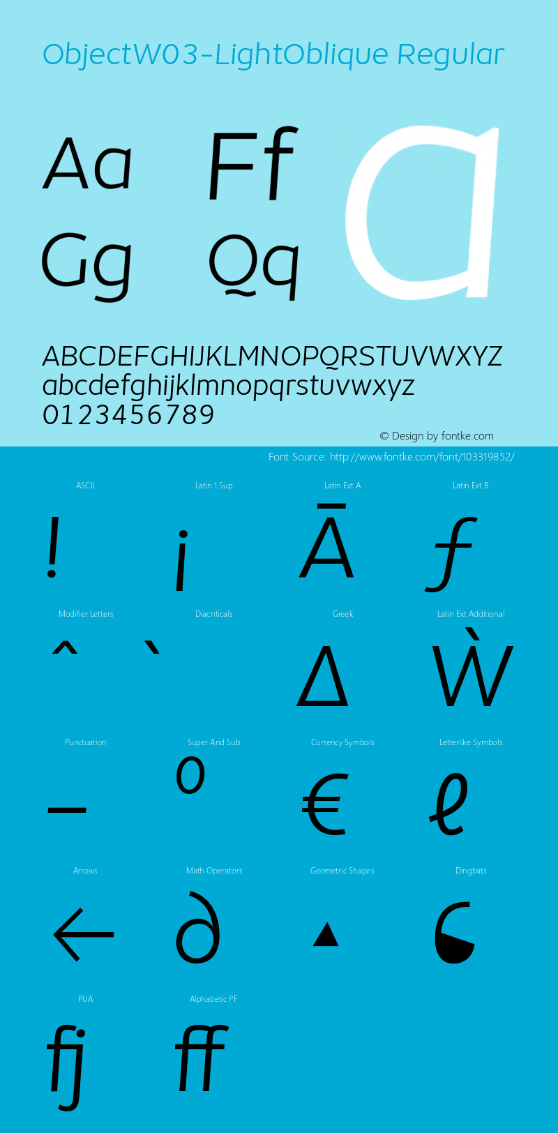 Object W03 Light Oblique Version 1.002 Font Sample