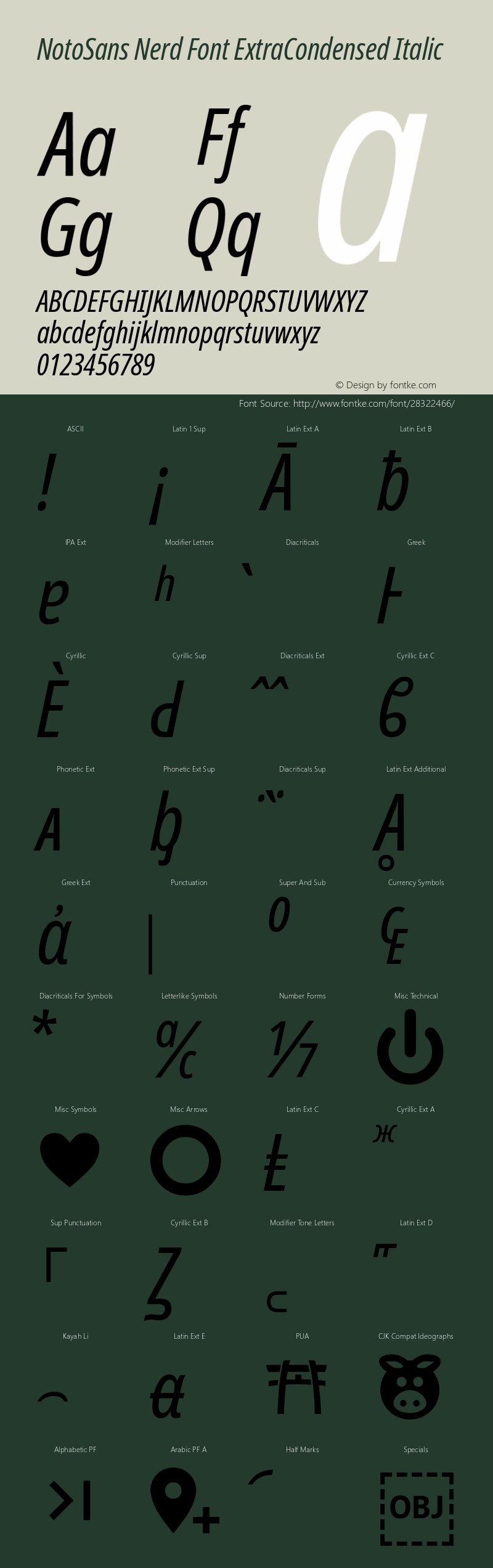 Noto Sans ExtraCondensed Italic Nerd Font Complete Version 2.000;GOOG;noto-source:20170915:90ef993387c0; ttfautohint (v1.7) Font Sample