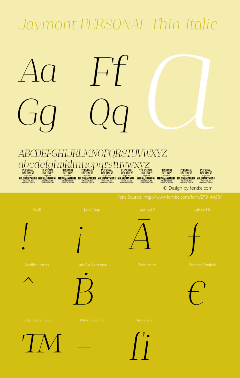Jaymont PERSONAL Thin Italic Version 1.000 Font Sample
