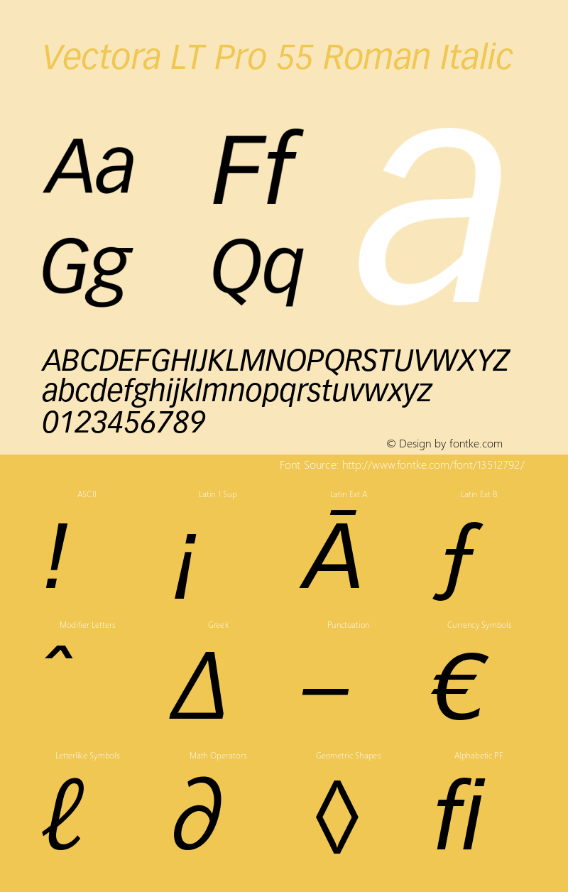 Vectora LT Pro 55 Roman Italic Version 1.000;PS 001.000;hotconv 1.0.38 Font Sample