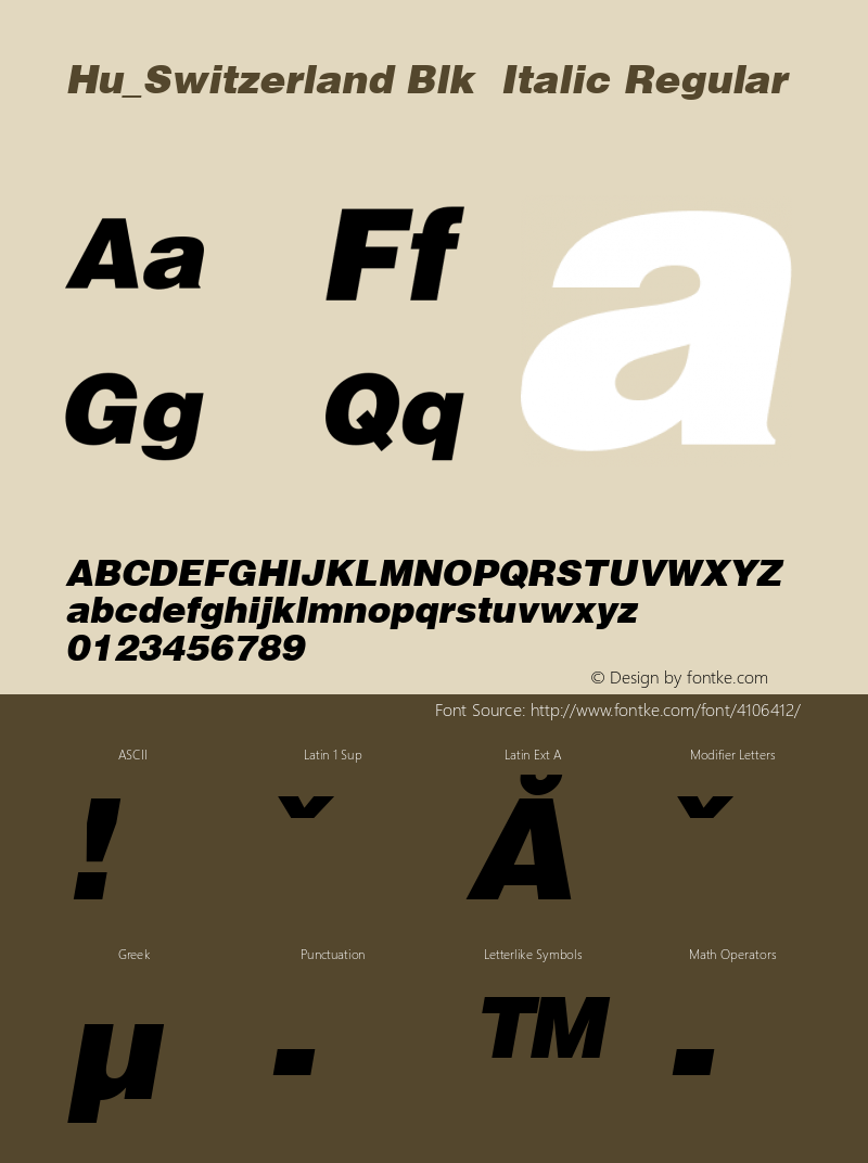 Hu_Switzerland Blk  Italic Regular 1.0, Rev. 1.65  1997.06.02 Font Sample