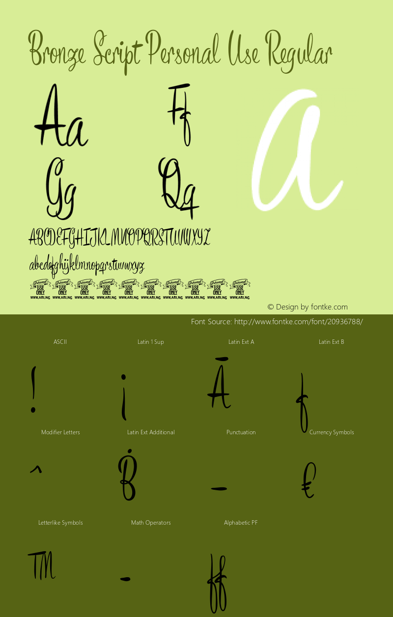 Bronze Script Personal Use Version 1.000 Font Sample