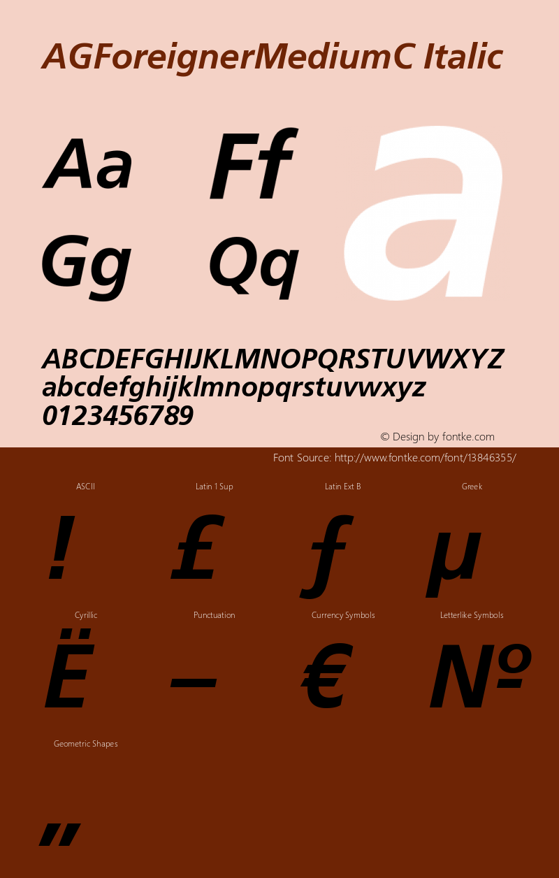 AGForeignerMediumC Italic OTF 1.0;PS 001.000;Core 116;AOCW 1.0 161 Font Sample