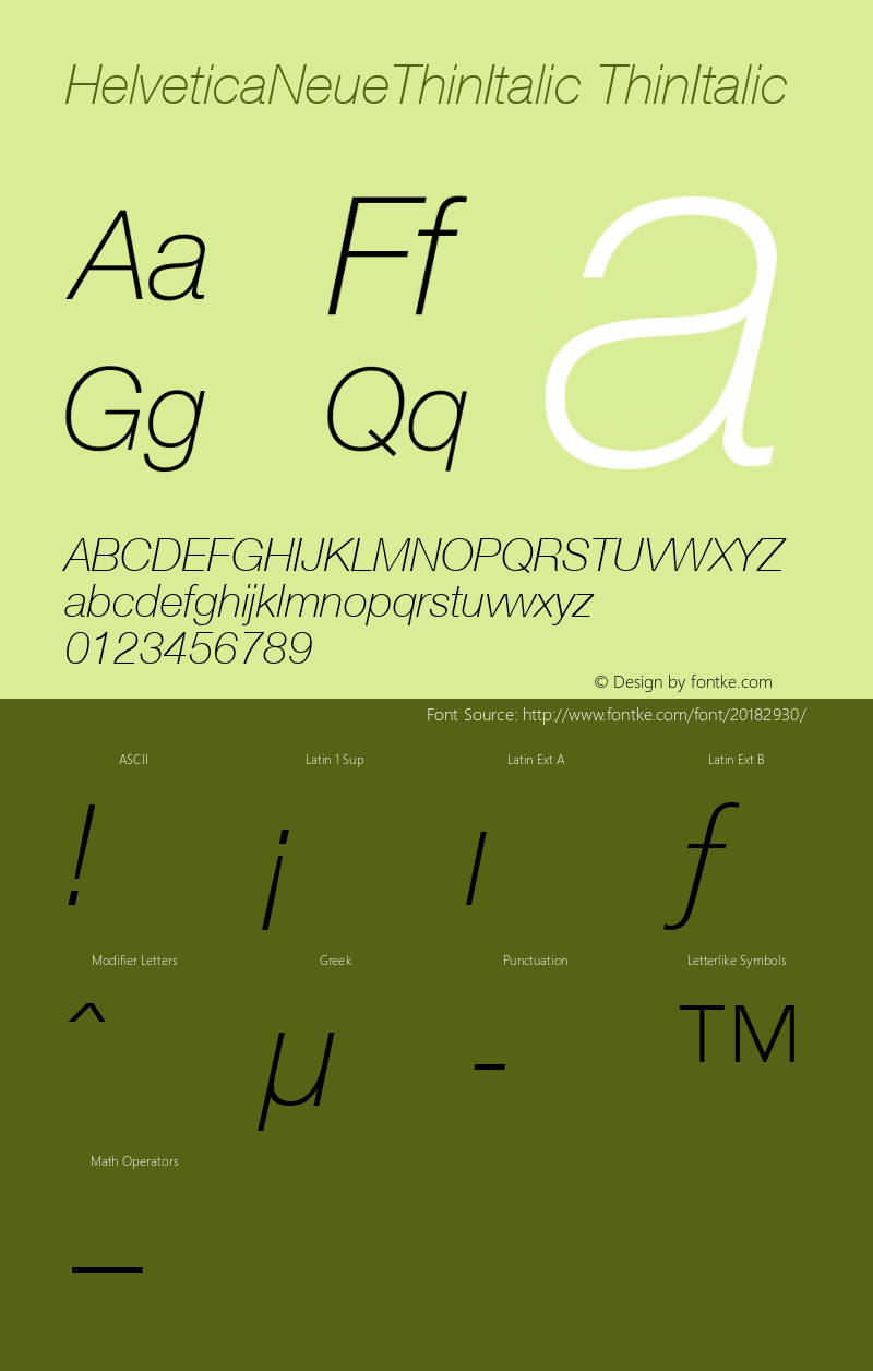 HelveticaNeueThinItalic ThinItalic Macromedia Fontographer 4.1.5 12/21/07 Font Sample