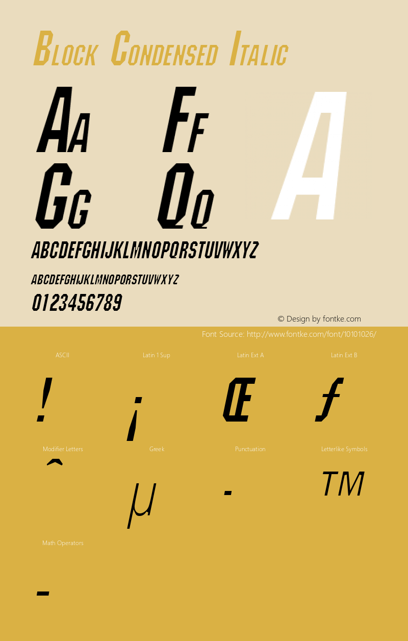 Block Condensed Italic Altsys Fontographer 4.1 1/30/95 Font Sample