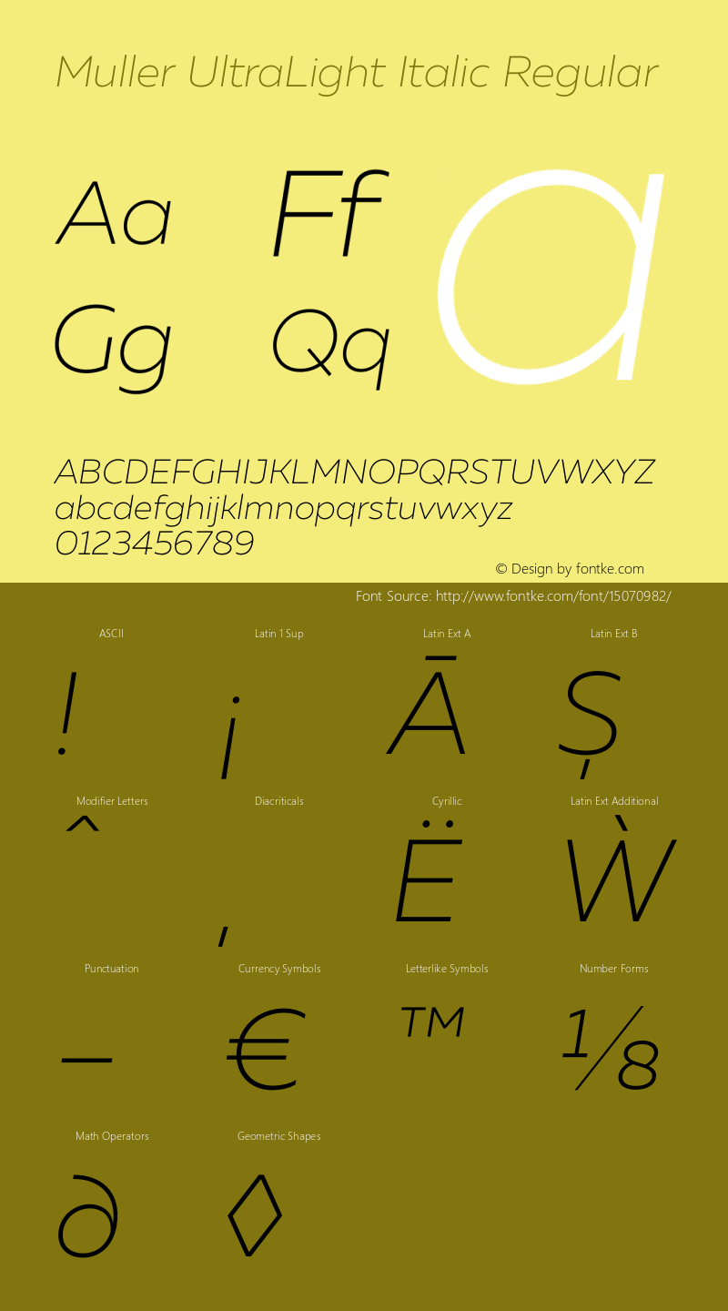 Muller UltraLight Italic Regular Version 1.0 Font Sample