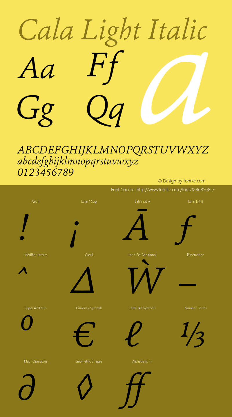 Cala-LightItalic Version 0.00 Font Sample