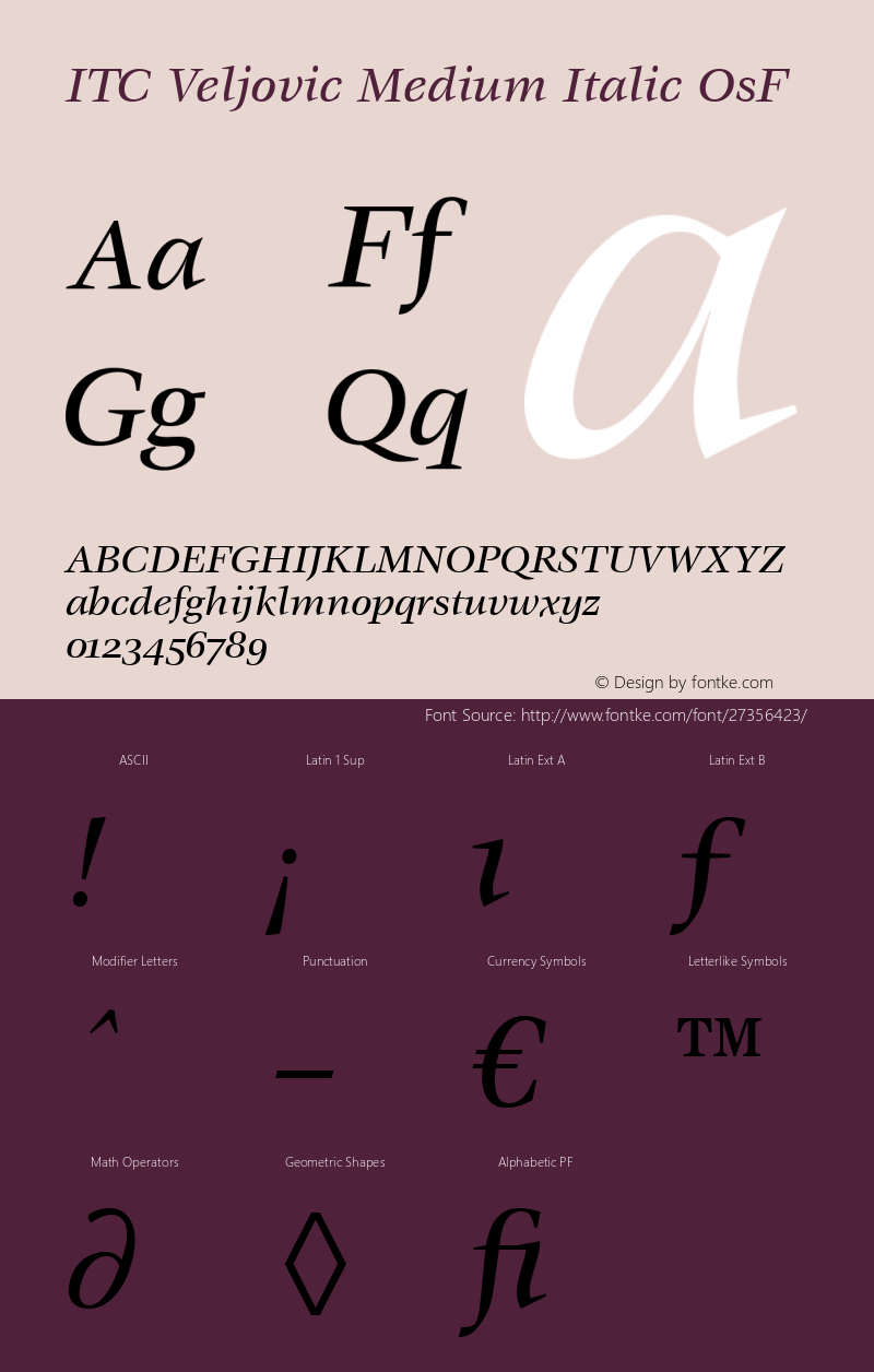 Veljovic Medium OsF Italic Version 1.00 Font Sample