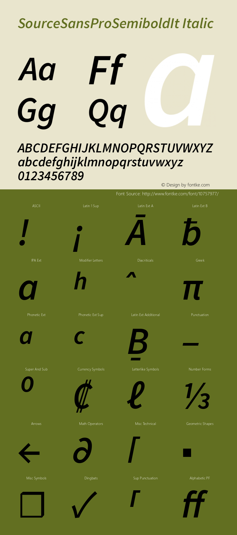 SourceSansProSemiboldIt Italic Version 1.038;PS 1.000;hotconv 1.0.70;makeotf.lib2.5.5900 Font Sample