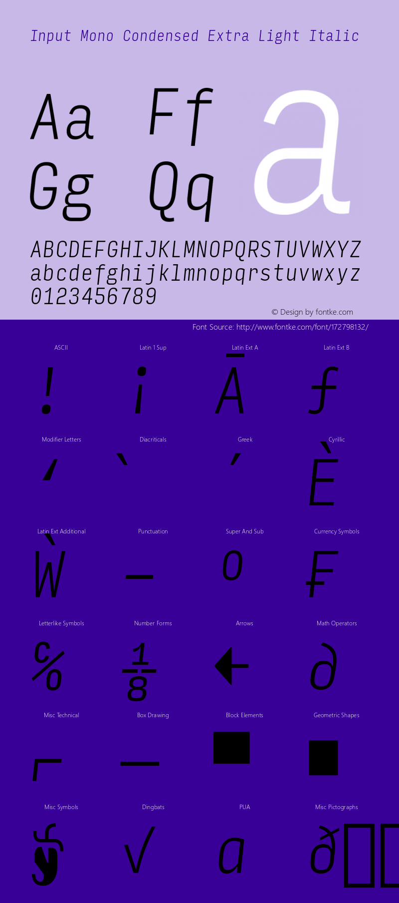 InputMonoCondensed ExLightIta Version 0.000;PS 0.0;hotconv 1.0.72;makeotf.lib2.5.5900; ttfautohint (v0.9)图片样张