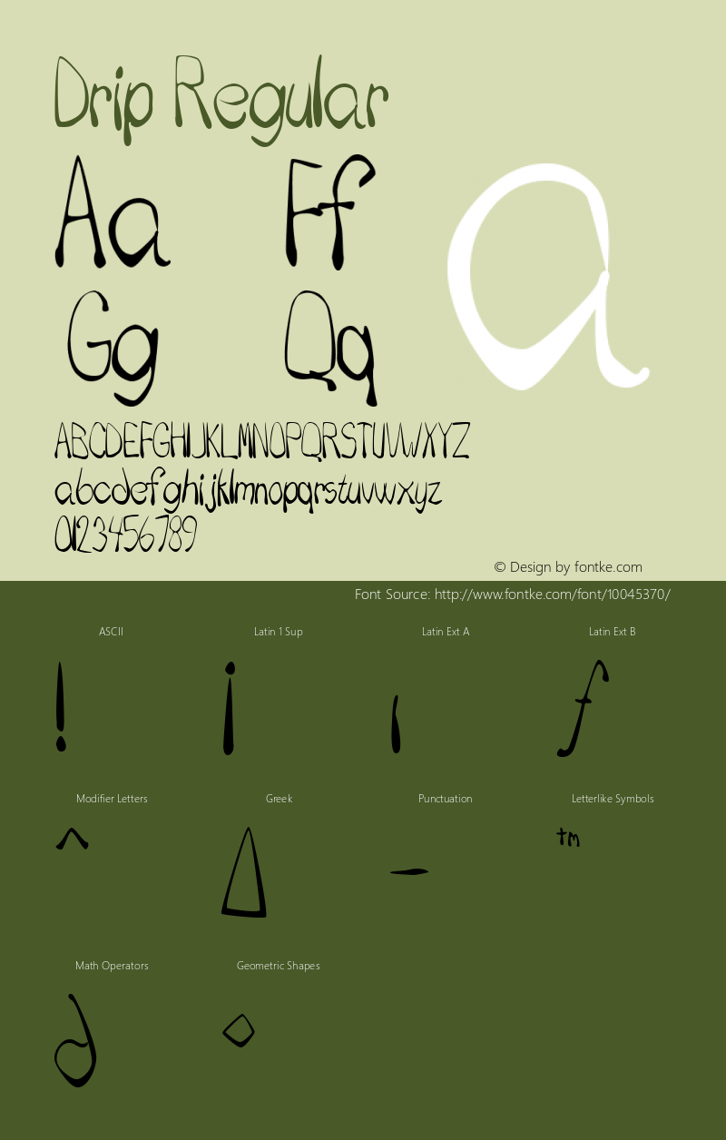 Drip Regular Macromedia Fontographer 4.1 2/2/96 Font Sample