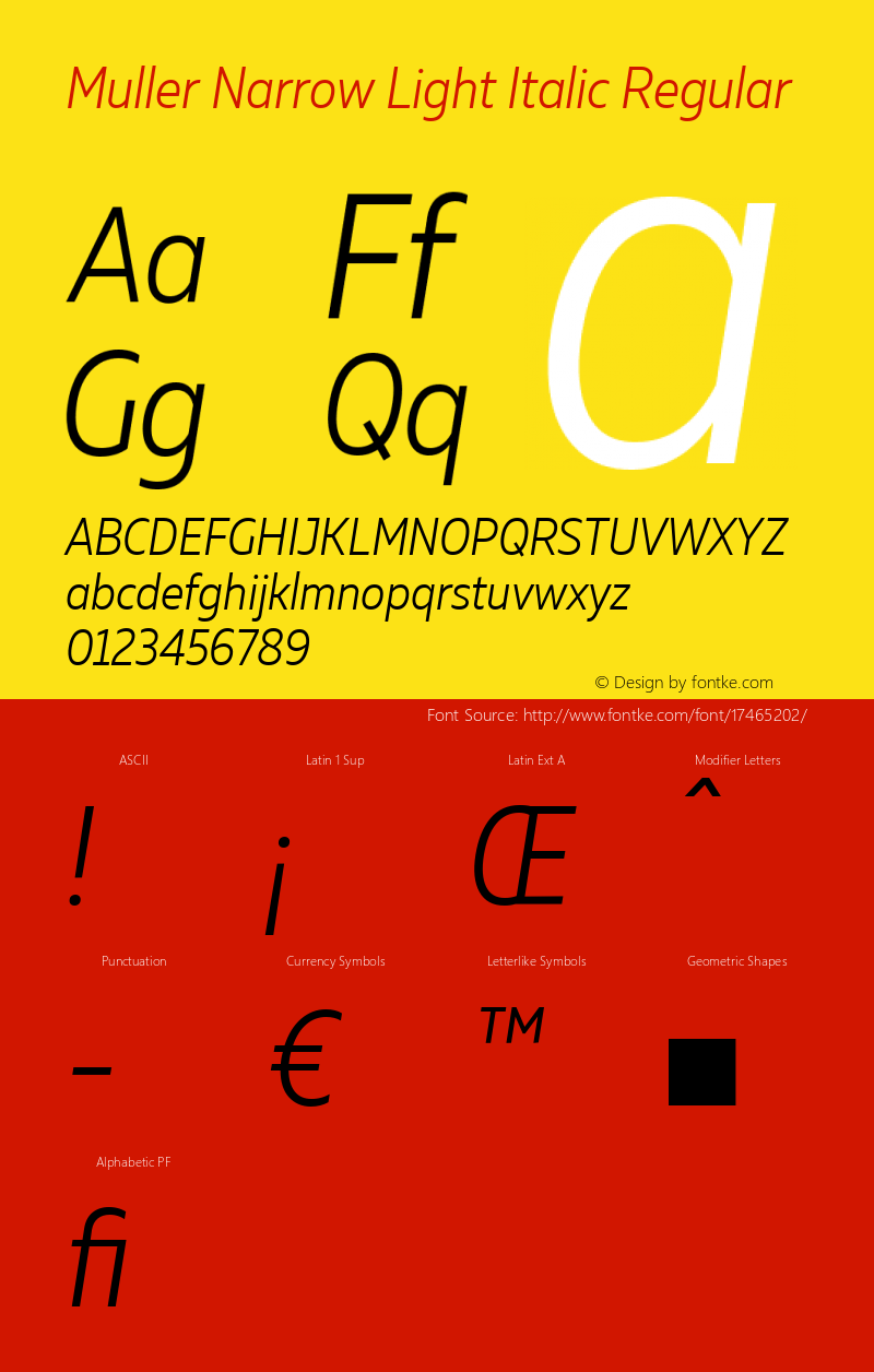 Muller Narrow Light Italic Regular Version 1.000;PS 001.000;hotconv 1.0.88;makeotf.lib2.5.64775 Font Sample