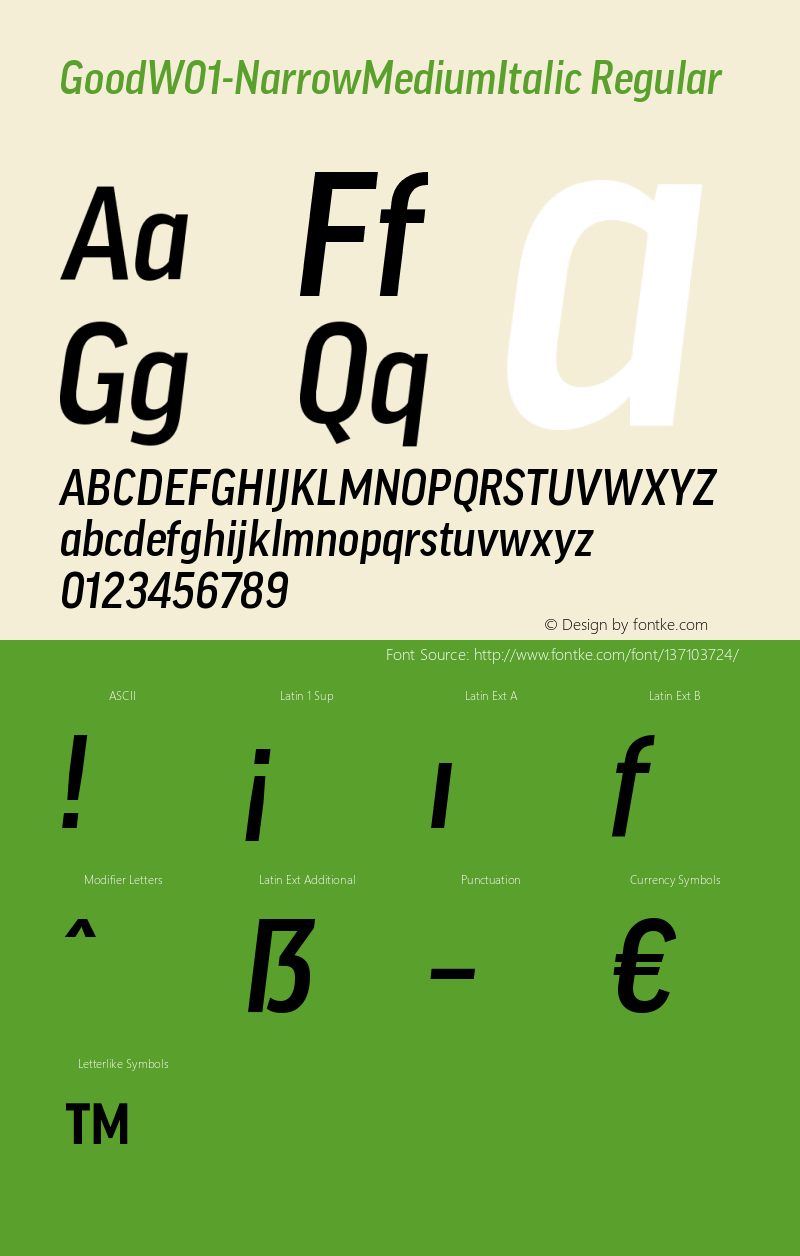 Good W01 Narrow Medium Italic Version 7.504 Font Sample