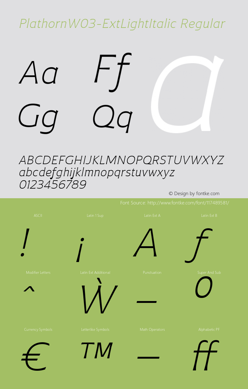 Plathorn W03 Ext Light Italic Version 1.00 Font Sample