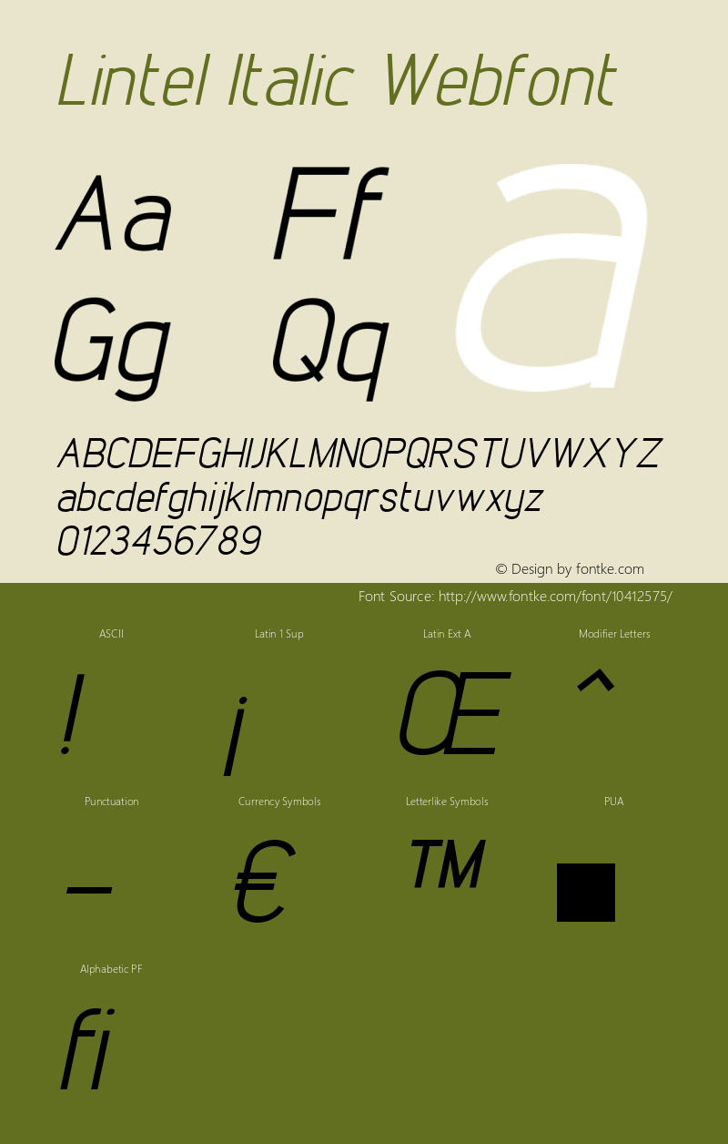 Lintel Italic Webfont  This is a protected webfont and is intended for CSS @font-face use ONLY. Reverse engineering this font is strictly prohibited. Font Sample