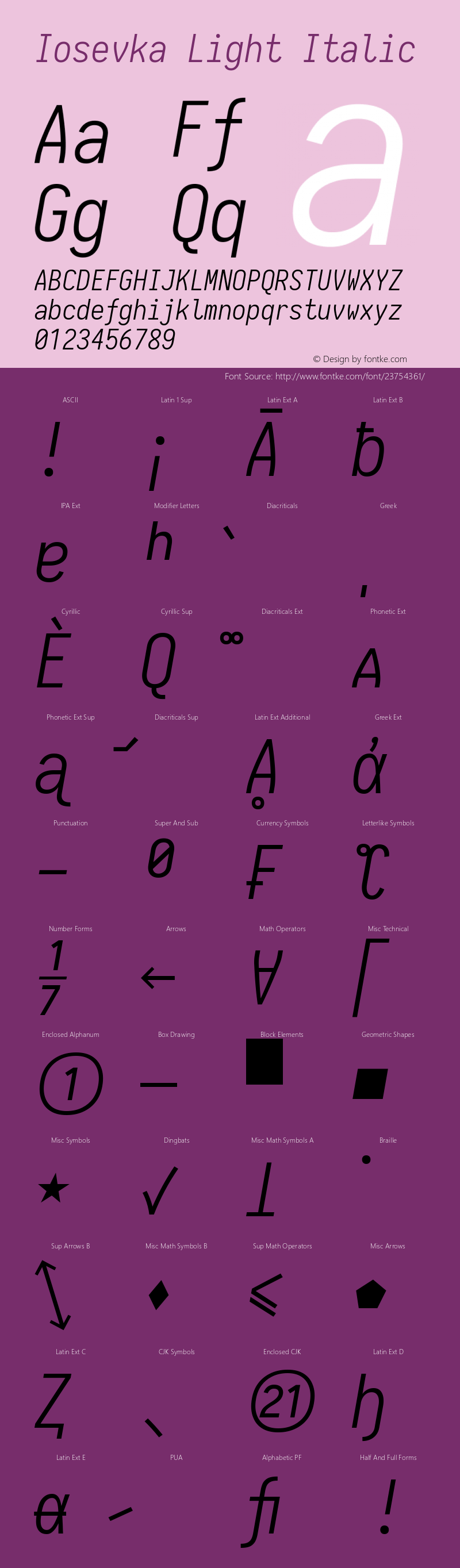 Iosevka Light Italic 1.13.3; ttfautohint (v1.6) Font Sample
