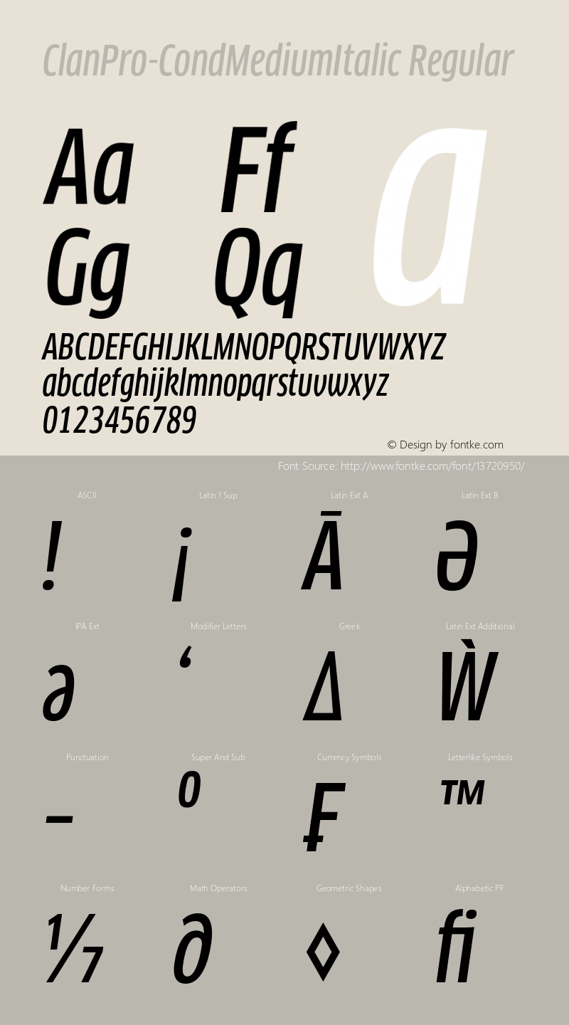 ClanPro-CondMediumItalic Regular Version 7.504; 2008; Build 1001 Font Sample