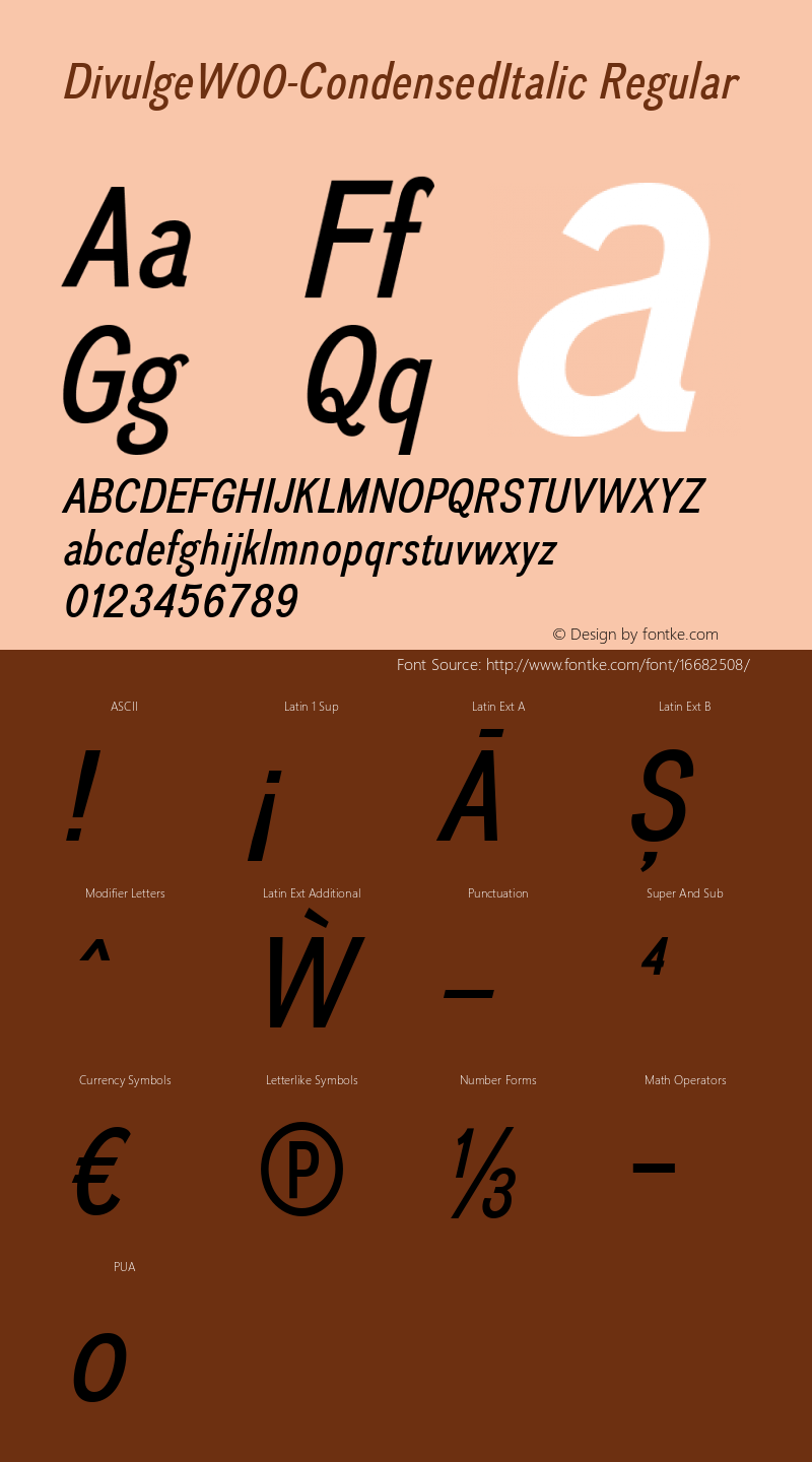 DivulgeW00-CondensedItalic Regular Version 1.101 Font Sample